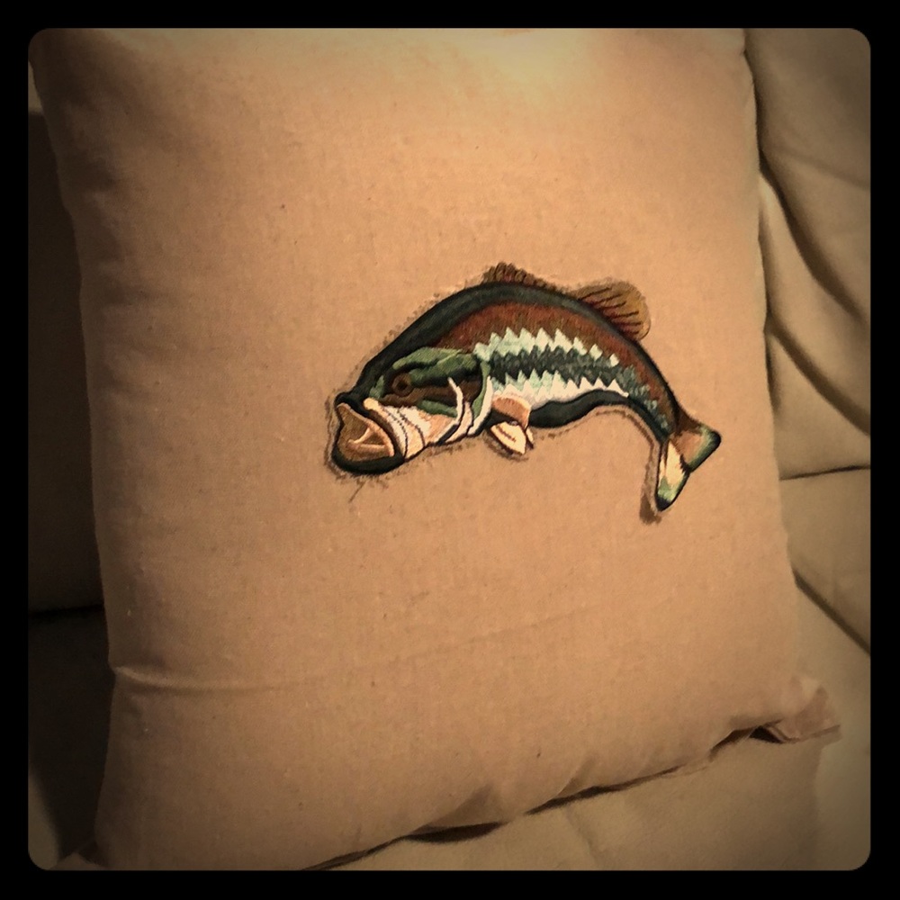 Bass pillow!! Lake house decor. Tan decorative.